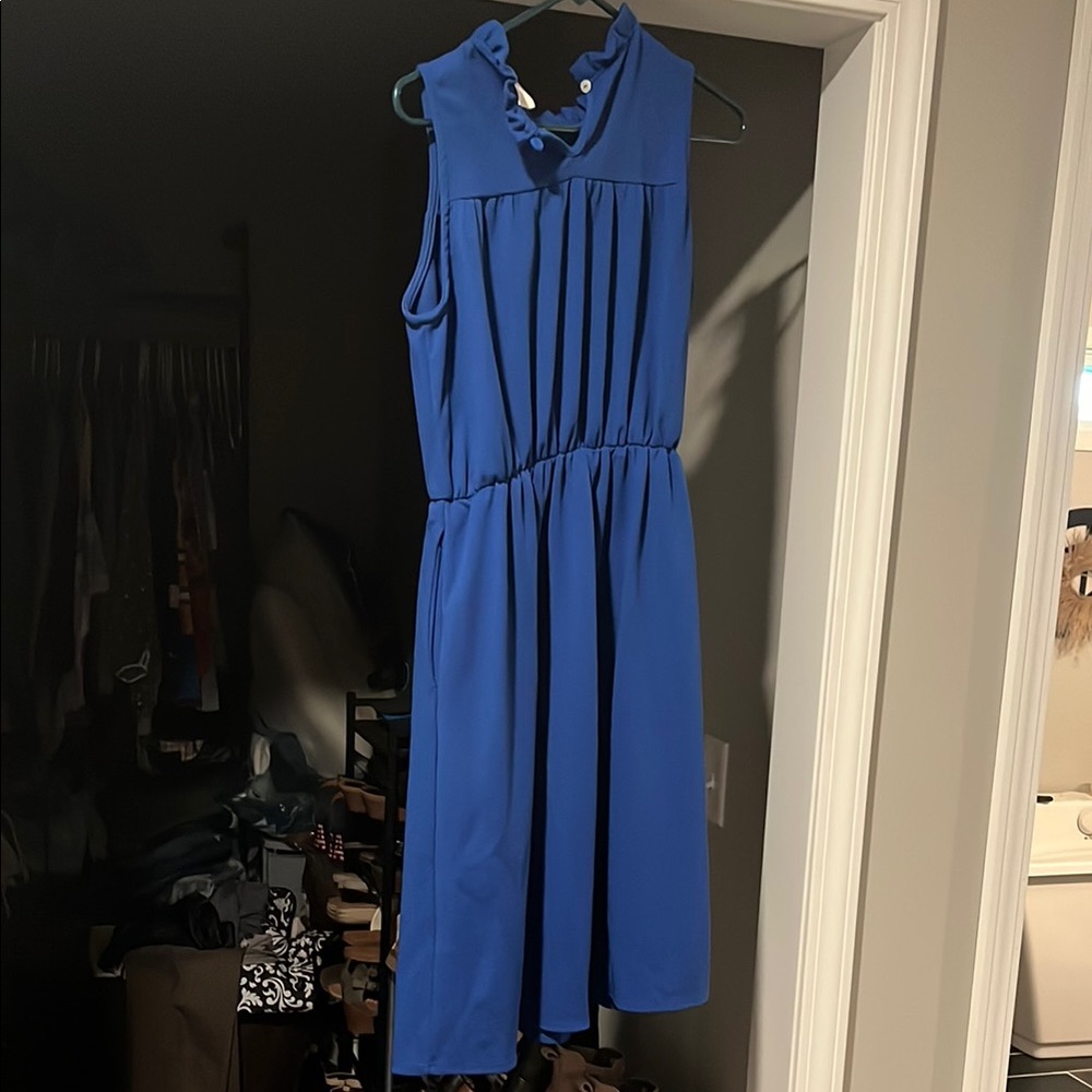 Blue Mock Neck Sleeveless Midi Dress for Weddings